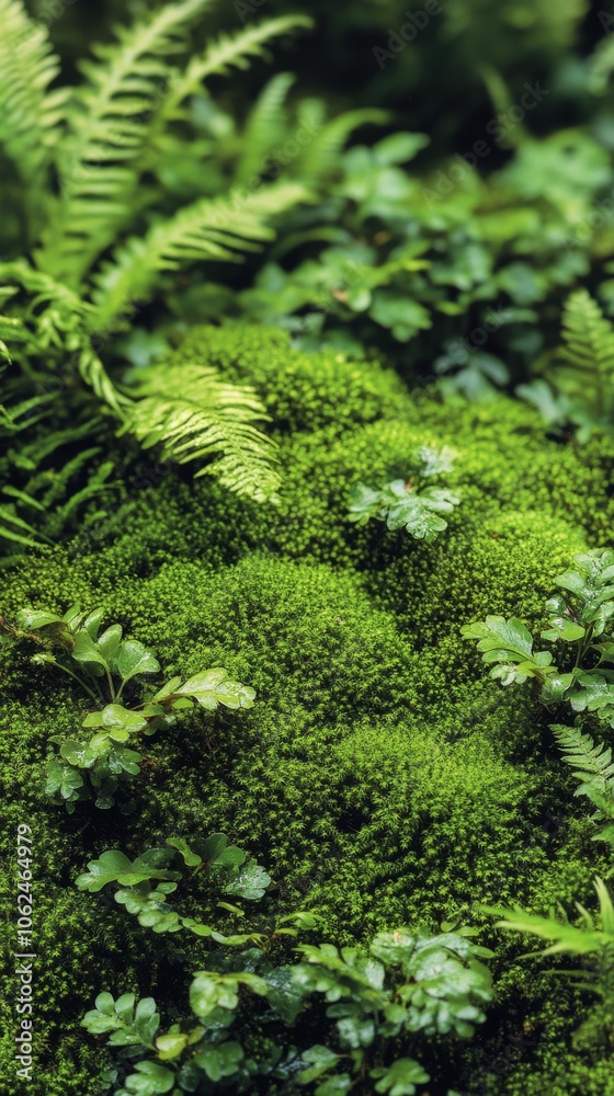 Lush green moss and ferns covering the forest floor in a tranquil woodland setting Lush green moss and ferns covering the forest floor in a tranquil woodland setting