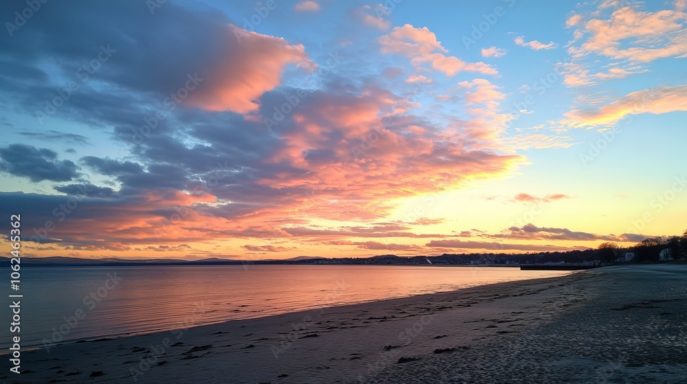 At sunset, clouds fill the azure sky. The beach is purple, yellow, pink, and orange. The sunset golden hour creates a spectacular natural setting. In the winter, sunlight illuminates the sky. At sunset, clouds fill the azure sky. The beach is purple, yellow, pink, and orange. The sunset golden hour creates a spectacular natural setting. In the winter, sunlight illuminates the sky.