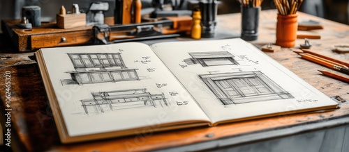 Sketchbook with hand-drawn furniture designs on a workbench.