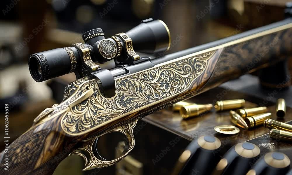 Exquisitely Engraved Rifle with Intricate Gold Detailing and Precision ...