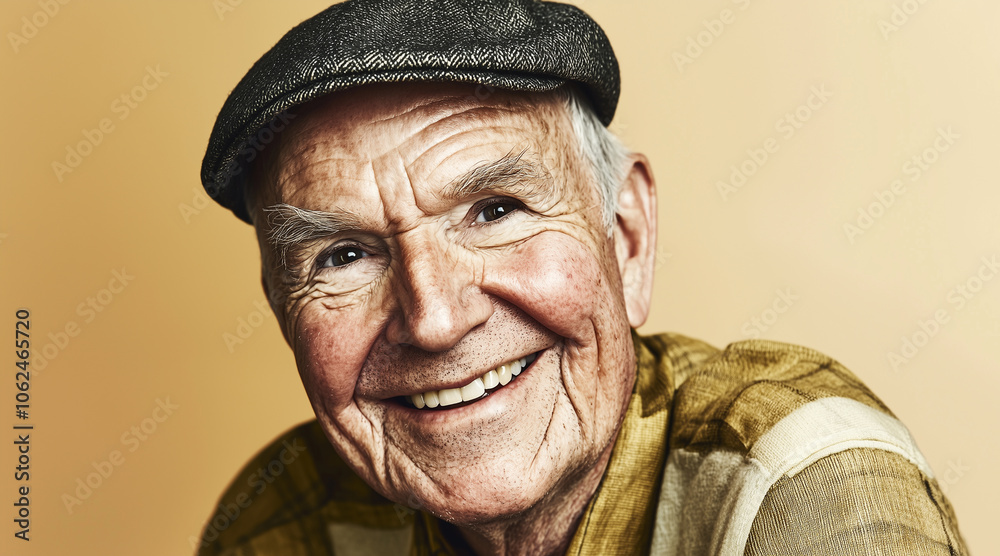 Bright and contemporary portrait of an elderly man with deep wrinkles and a warm smile, wearing a flat cap, with sharp contrast lighting against a solid warm beige background Bright and contemporary portrait of an elderly man with deep wrinkles and a warm smile, wearing a flat cap, with sharp contrast lighting against a solid warm beige background
