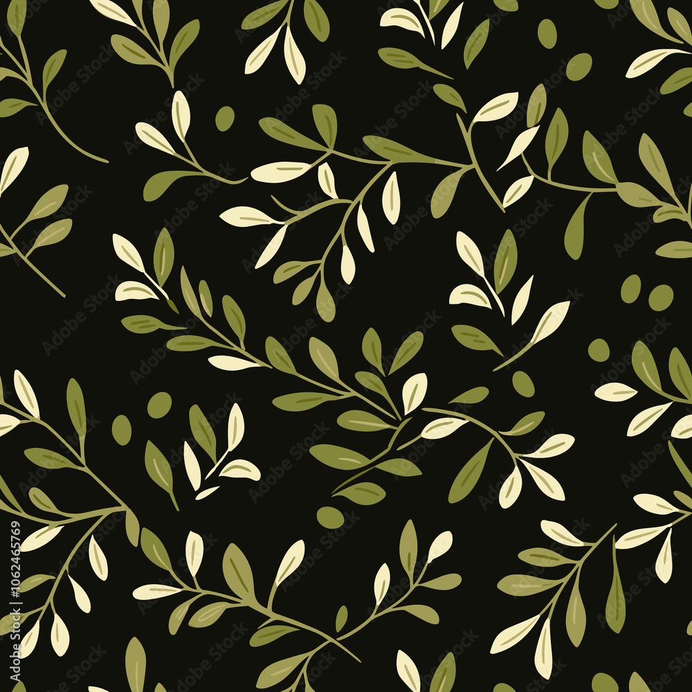 Olive branches twigs leaves pattern in dark green background with oilve green leaves Olive branches twigs leaves pattern in dark green background with oilve green leaves