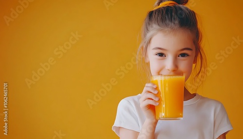 Young girl enjoying orange juice against a blank background, ideal for creative banners.