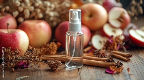 You may fill this spray container with sunscreen, skincare items, and cosmetics. Another application for it is as a liquid antibacterial spray. For adornment, it has dried flowers, apples, and cinnamo photo