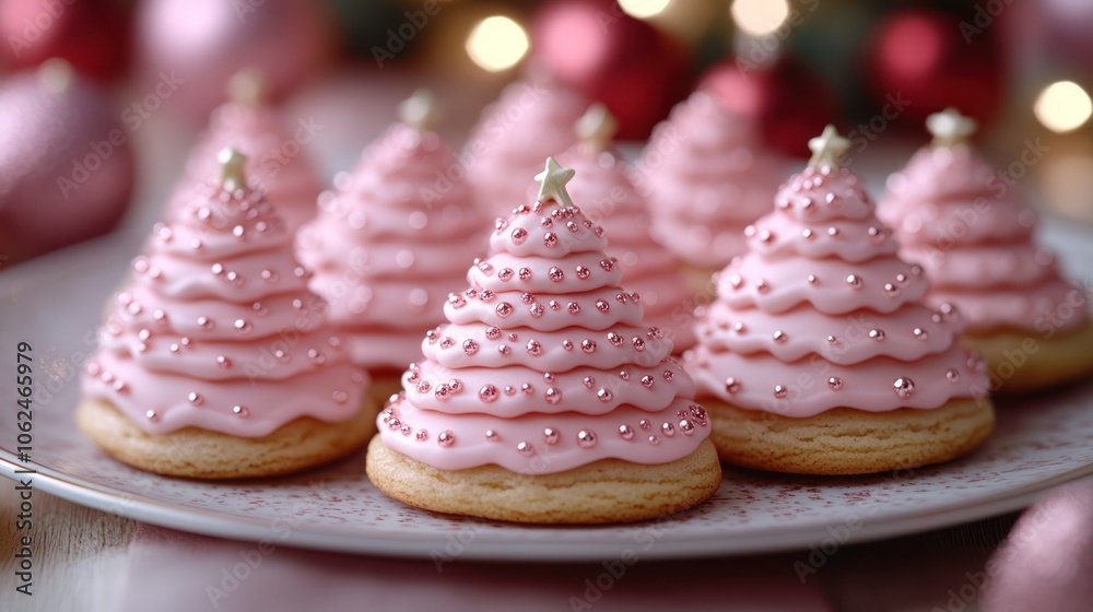 A plate of pink Christmas tree-shaped cookies decorated with pink frosting and edible pearls, a gold star on top.