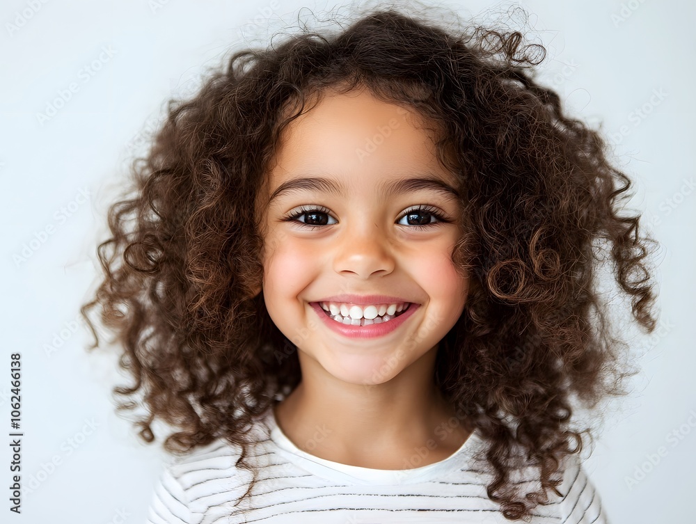 Smiling girl with curly hair joyfully on white studio background Smiling girl with curly hair joyfully on white studio background