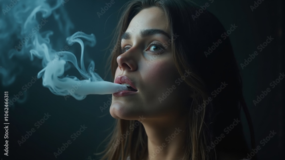 Obraz premium A contemplative woman exhales smoke in a dimly lit setting, lost in thought during twilight hours