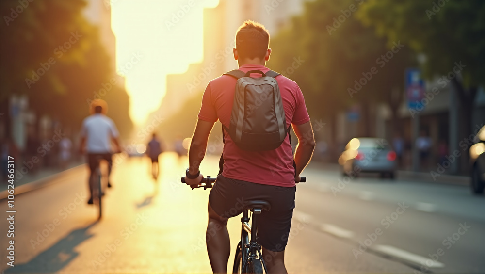 Obraz premium Cyclist or commuter who travels around the city by bike in summer, goes to work, does errands or shopping