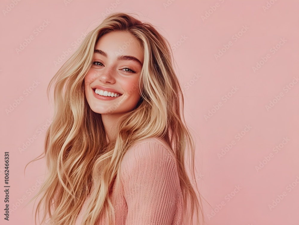 Smiling young woman with blonde long groomed hair isolated on pink background