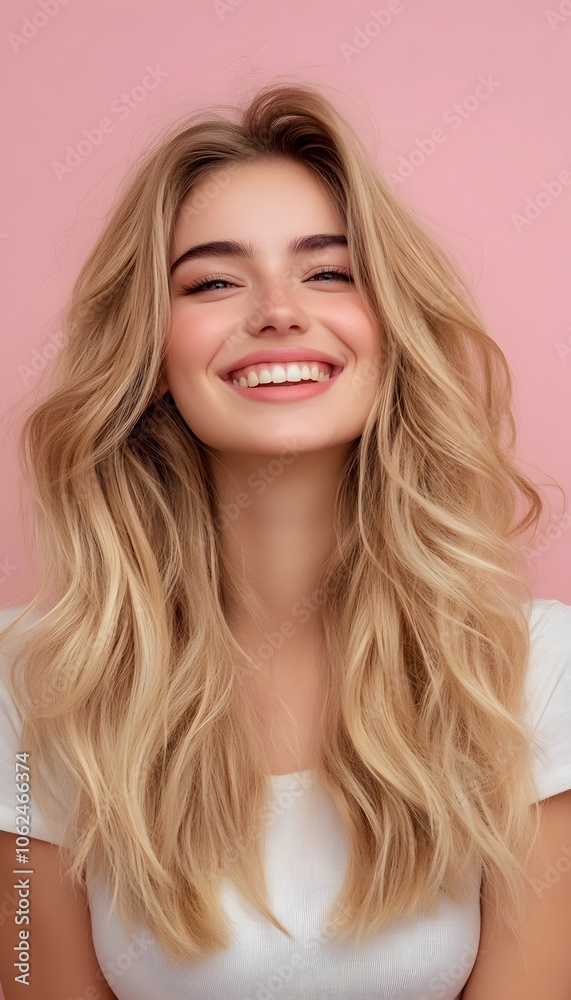 Smiling young woman with blonde long groomed hair isolated on pink background Smiling young woman with blonde long groomed hair isolated on pink background