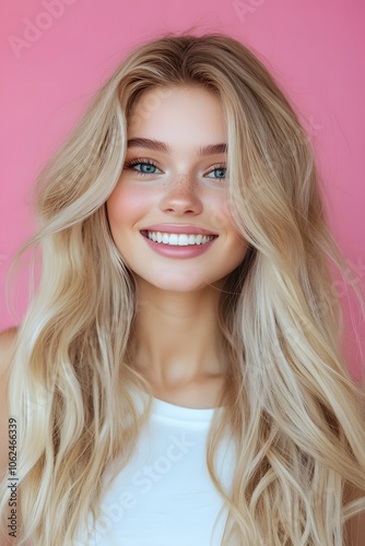 Smiling young woman with blonde long groomed hair isolated on pink background