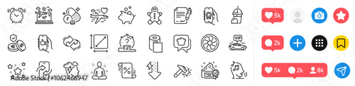 Honeymoon travel, Square area and Energy drops line icons pack. Social media icons. Cooking hat, Loan percent, Voicemail web icon. Award app, Hammer blow, Yoga pictogram. Vector