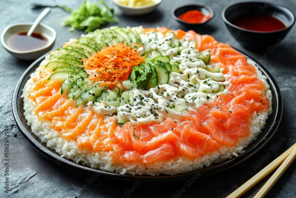 Colorful sushi pizza with fresh salmon, avocado, and rice garnished with creamy sauce Colorful sushi pizza with fresh salmon, avocado, and rice garnished with creamy sauce