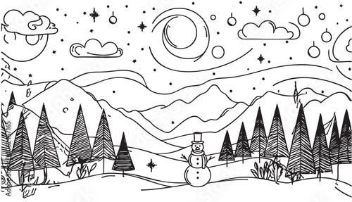 Continuous line drawing of tree and Snowman