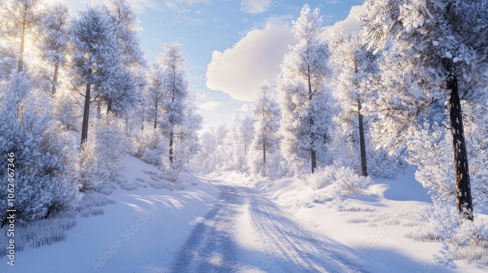 A winter wonderland is created when the roads and forest trees are covered in white snow. A winter wonderland is created when the roads and forest trees are covered in white snow.