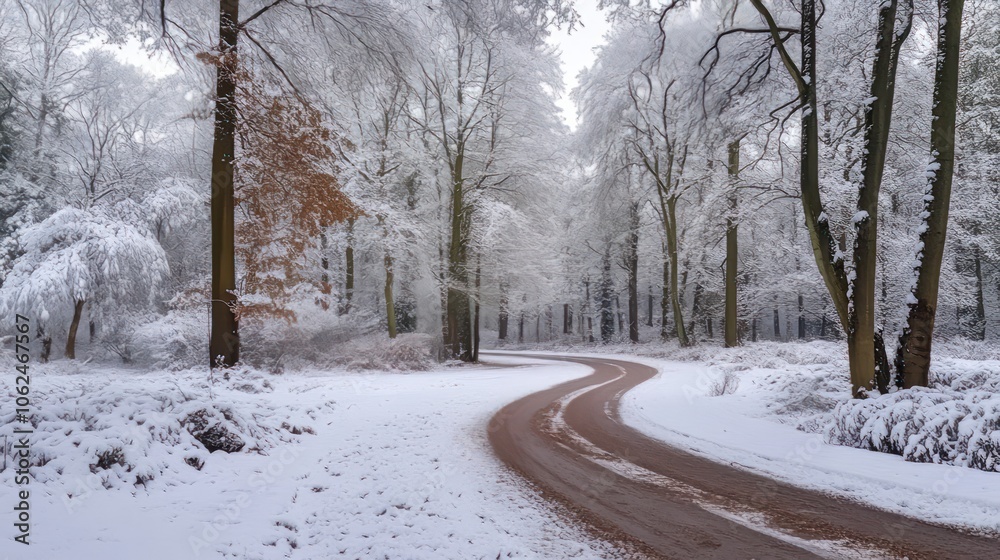 A winter wonderland is created when the roads and forest trees are covered in white snow. A winter wonderland is created when the roads and forest trees are covered in white snow.