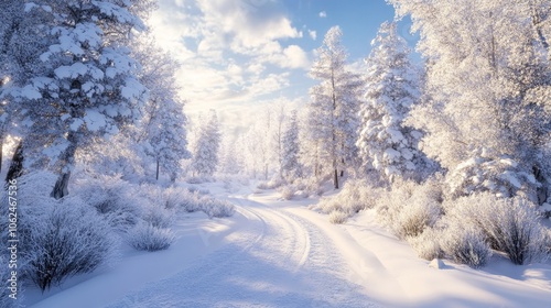 A winter wonderland is created when the roads and forest trees are covered in white snow.