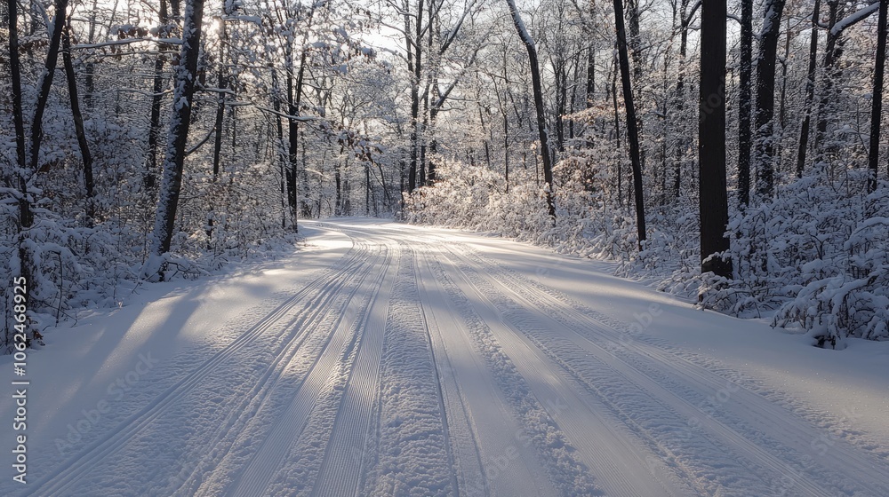 A snowy forest is depicted on a crisp winter morning. The ski footprints vanish behind a layer of snow, and the trees shine with frost. A snowy forest is depicted on a crisp winter morning. The ski footprints vanish behind a layer of snow, and the trees shine with frost.