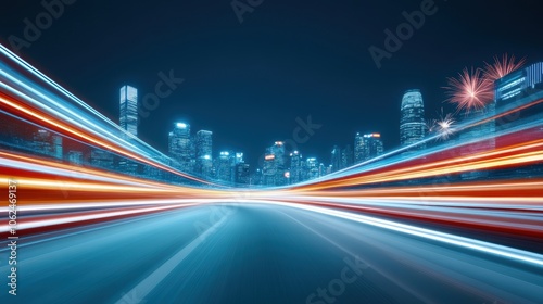 High-speed light trails on highway through cityscape at night with fireworks in background.