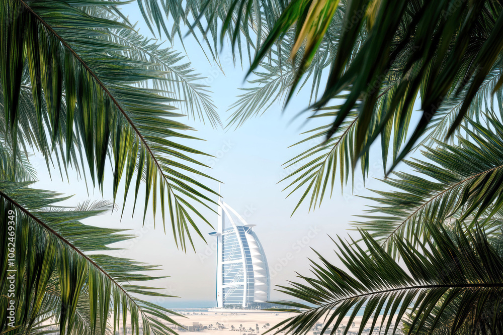 Iconic dubai landmark framed by lush palm leaves on sandy shoreline Iconic dubai landmark framed by lush palm leaves on sandy shoreline