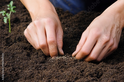 Gardening concept: hands planting seeds in rich soil for growth and sustainability photo