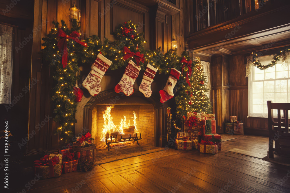 Cozy Christmas fireplace with stockings, garland, and gifts in a rustic living room Cozy Christmas fireplace with stockings, garland, and gifts in a rustic living room