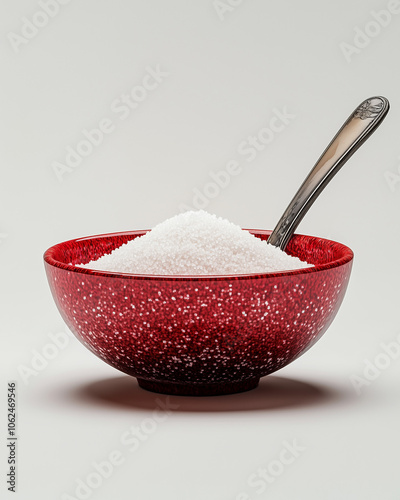 Red bowl filled with white granulated sugar and a silver spoon, on a neutral background photo