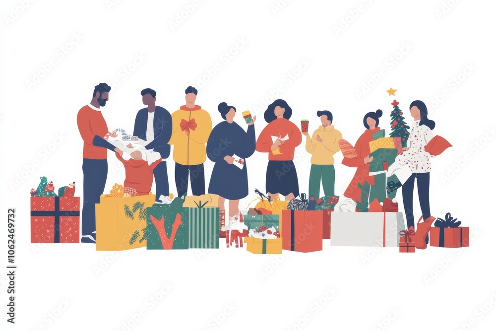 Illustration of a Christmas charity event with a diverse group of people donating clothes, toys, and food, minimal background with copy space Illustration of a Christmas charity event with a diverse group of people donating clothes, toys, and food, minimal background with copy space