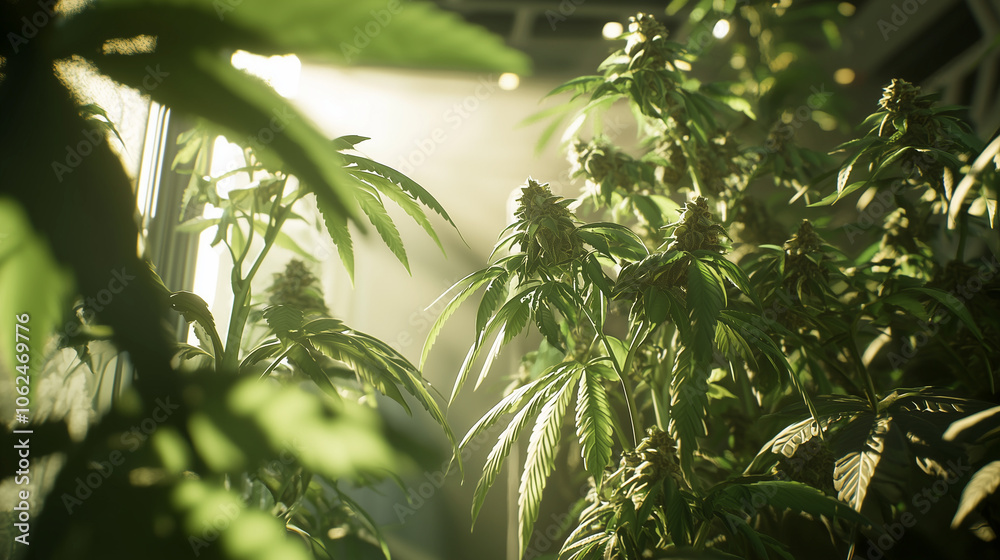 Close-up of cannabis plants growing under sunlight in a greenhouse, highlighting vibrant green leaves and dense buds Close-up of cannabis plants growing under sunlight in a greenhouse, highlighting vibrant green leaves and dense buds