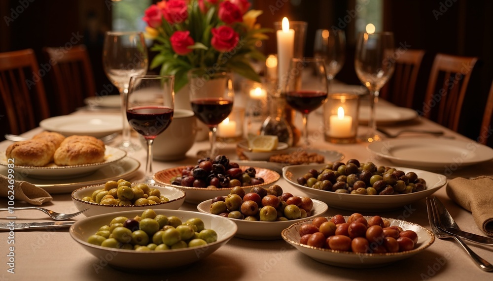 Elegant dinner table setting with olives, wine, and candles Elegant dinner table setting with olives, wine, and candles