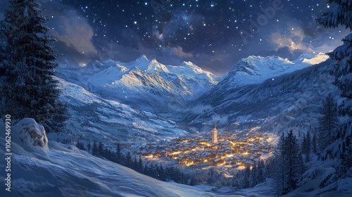 Viewed from Muottas Muragl in Switzerland, the Upper Engadine is blanketed with snow, and the hamlet of St. Moritz is illuminated by stars during the winter months. photo