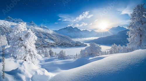 Viewed from Muottas Muragl in Switzerland, the Upper Engadine is blanketed with snow, and the hamlet of St. Moritz is illuminated by stars during the winter months. photo