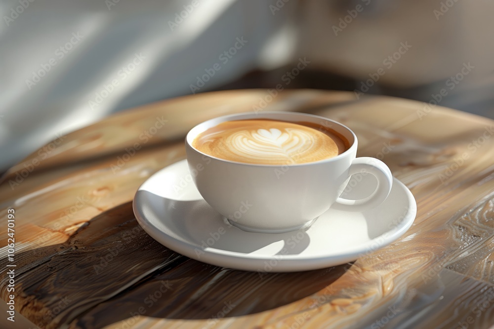Cup of cappuccino with latte art in a white ceramic cup on a wooden table. Warm cafe ambiance and coffee break concept Cup of cappuccino with latte art in a white ceramic cup on a wooden table. Warm cafe ambiance and coffee break concept