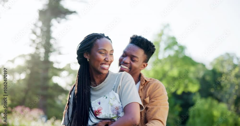Black couple, laugh and outdoor with hug for love, travel and bonding on vacation. Happy man, woman or embrace in park for peace, holiday or engagement with shared memories in Kenya nature reserve