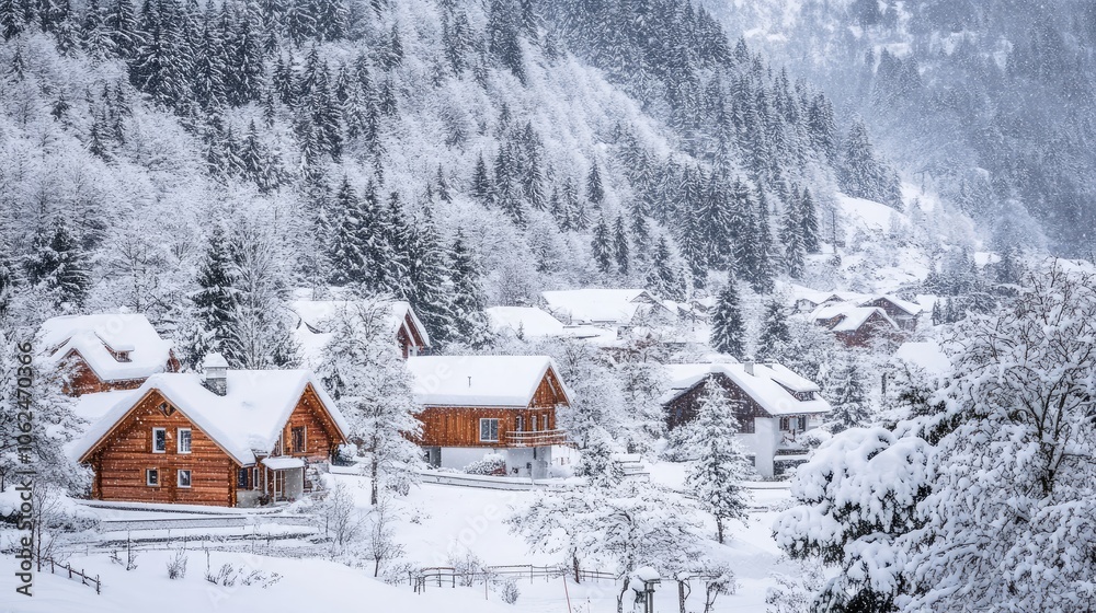 A winter retreat in a snowy wonderland with warm homes in the valley A winter retreat in a snowy wonderland with warm homes in the valley