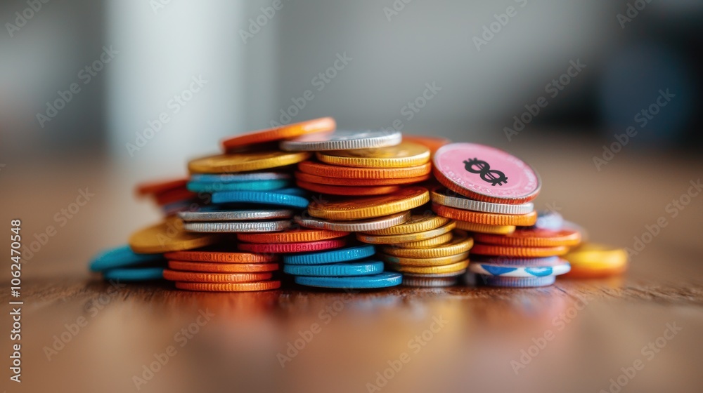 Colorful stack of chocolate coins on wooden surface. Macro shot of candy in various colors. Colorful stack of chocolate coins on wooden surface. Macro shot of candy in various colors.