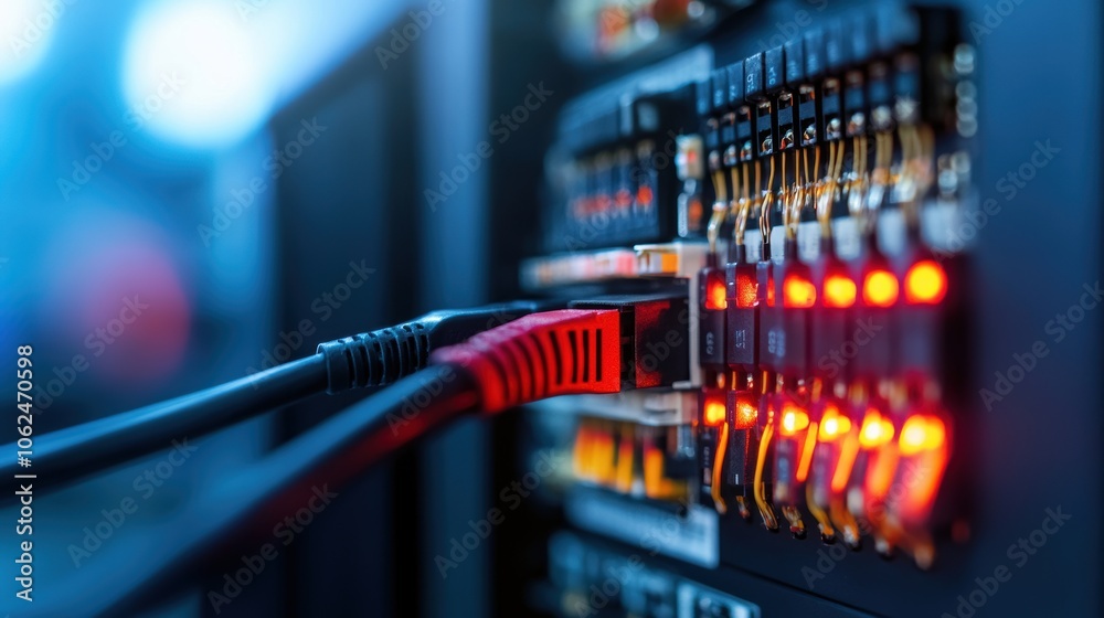 Network cables connected to server with glowing lights in data center. Technology and communication concept. Network cables connected to server with glowing lights in data center. Technology and communication concept.