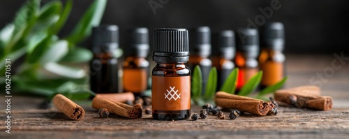 Amber glass bottles with essential oils, cinnamon sticks, and cloves on wooden table.