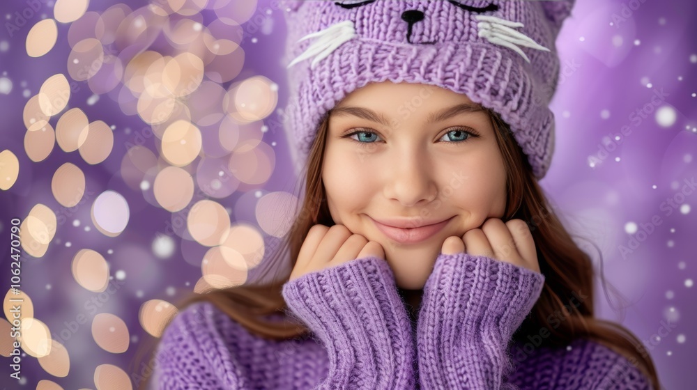 Smiling Girl in Purple Winter Clothes and Cat-Eared Hat on a Purple Background with Snowflakes Smiling Girl in Purple Winter Clothes and Cat-Eared Hat on a Purple Background with Snowflakes