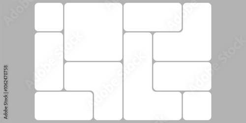 White grid template design, bento box photo frame collage layout. Light mood board mockup horizontal banner. Puzzle mosaic blocks for picture gallery page. Flat graph y2k dashboard presentation slide