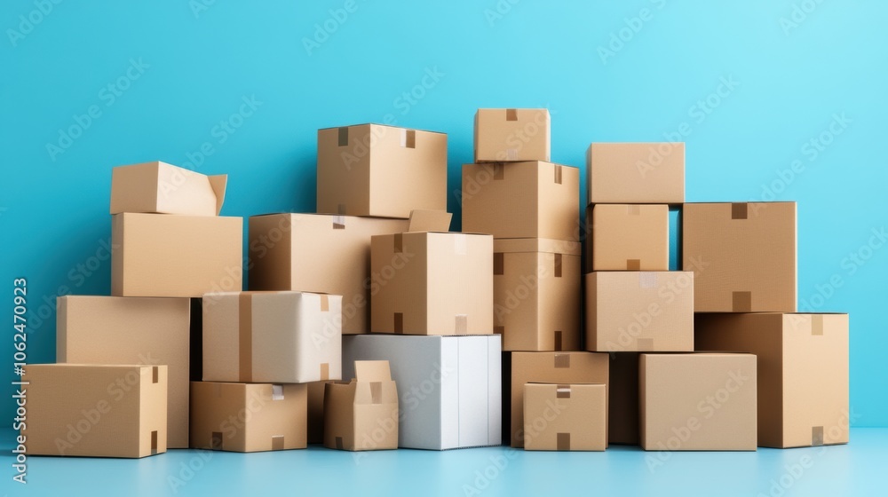 Stacked cardboard boxes on blue background. Concept of shipping, delivery, and moving. Stacked cardboard boxes on blue background. Concept of shipping, delivery, and moving.