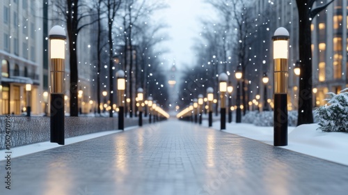 Illuminated city walkway with glowing streetlights and falling snowflakes on a winter evening. Urban winter scene.