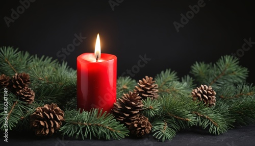 A glowing red candle surrounded by pine branches and cones creates a warm winter ambiance on a dark background