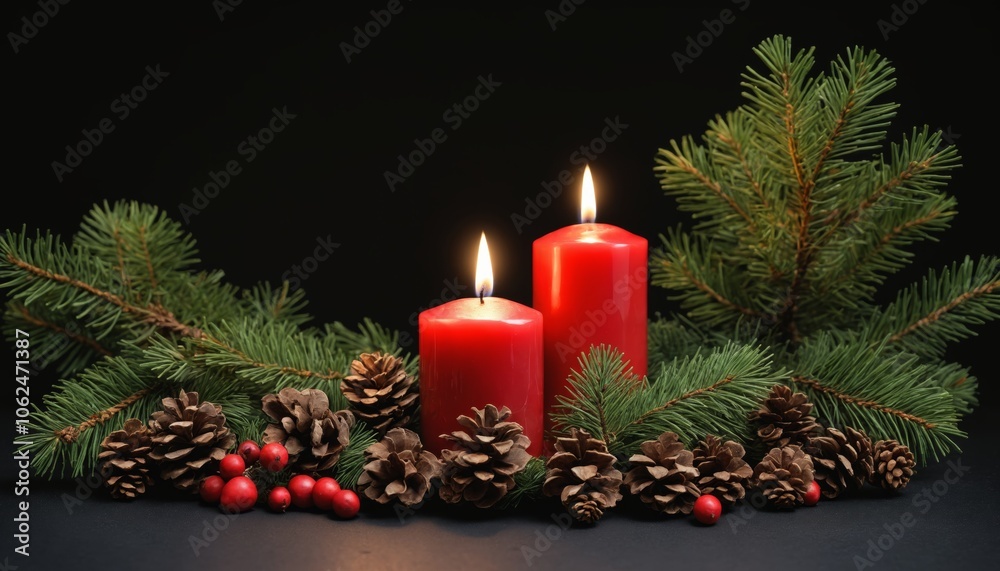 Warm flickers of red candles surrounded by pine branches and cones create a cozy atmosphere for winter gatherings