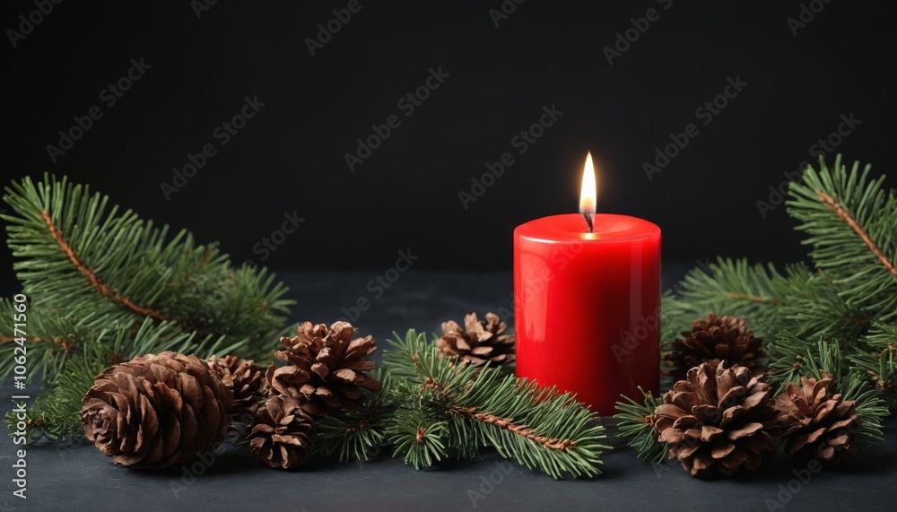 A warm red candle surrounded by pine branches and cones, casting a gentle glow, perfect for cozy winter evenings A warm red candle surrounded by pine branches and cones, casting a gentle glow, perfect for cozy winter evenings