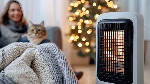 A woman sits on the couch with a cat, wrapped in a blanket, enjoying a cozy atmosphere enhanced by a space heater nearby