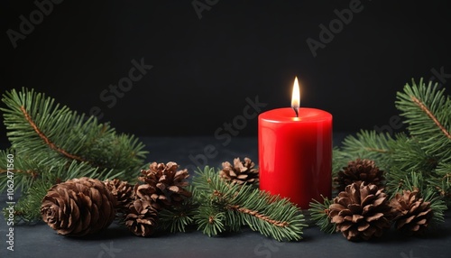 A warm red candle surrounded by pine branches and cones, casting a gentle glow, perfect for cozy winter evenings