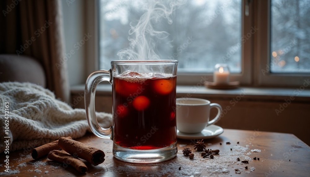 Hot mulled wine with steam by snowy window Hot mulled wine with steam by snowy window