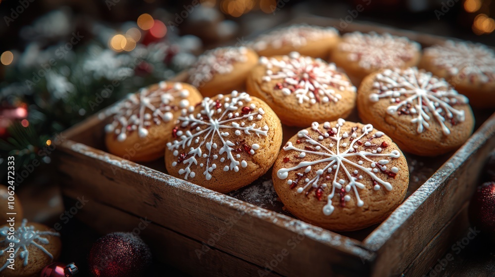 Close-up of a rustic wooden box filled with snowflake-shaped gingerbread cookies. Close-up of a rustic wooden box filled with snowflake-shaped gingerbread cookies.