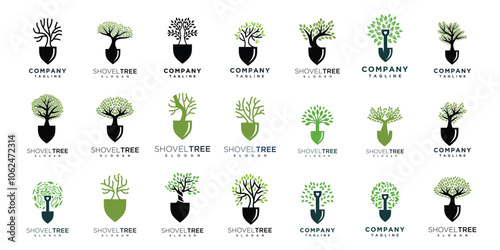 spade tree logo design collection.set of gardening logo concepts spade and nature tree